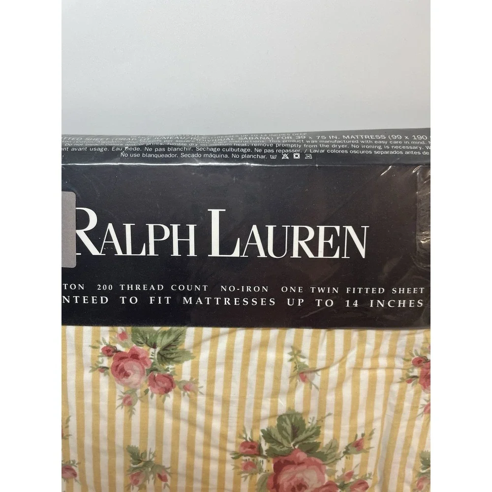 Vtg New NOS Ralph Lauren Sophie Floral Yellow Stripe TWIN Flat & Fitted Sheet